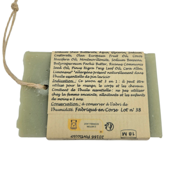2026/03/1000104073.png Savon solide 3 en 1 au pin laricio saponifié à froid. Fabriqué en Corse. 100 gr