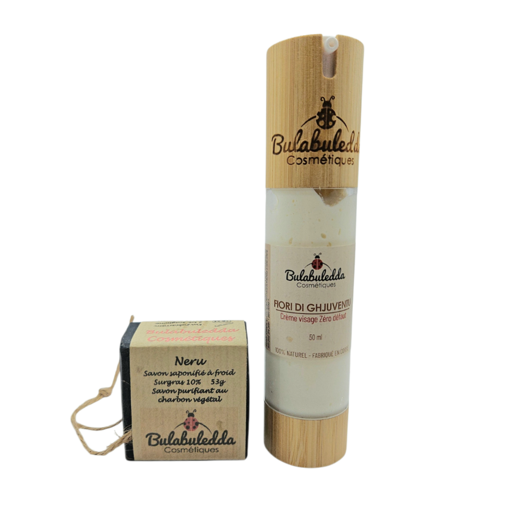 Duo peau parfaite Fiori Di ghjuventù, crème visage zéro défaut + Neru, savon au charbon purifiant. Fabriqué en Corse.