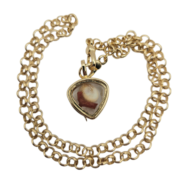 Pièce unique. Collier doré œil de Sainte Lucie et corail véritables. Création artisanale corse.