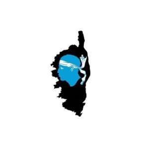 Autocollant en forme de Corse + tête de Maure noir et bleu