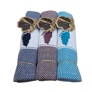 Lot de 3 torchons de cuisine Corsica bleu marine, lie de vin et turquoise